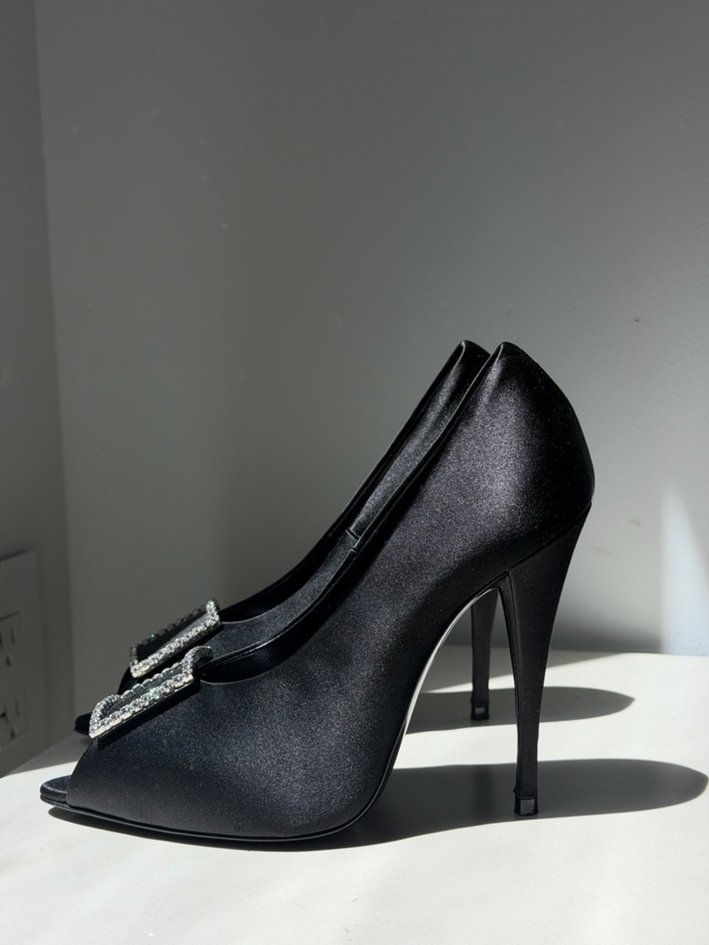 Saint Laurent Black Satin Peep-Toe Pumps with Crystal Buckle Accent - Picture 6 of 10
